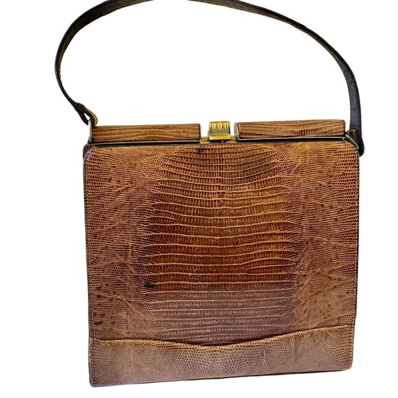 Snakeskin Print Faux Leather Vintage 70's Handbag Hinged Structured - Picture 6 of 12